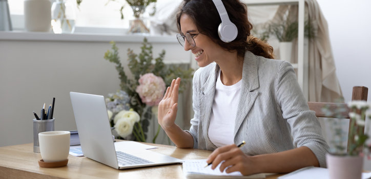 Smiling woman in headset have inline educational course