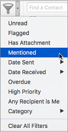 Use Mentioned on the Filter Email menu to search for emails where you're @mentioned