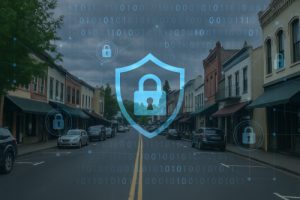 Small-town main street in Tuolumne County with digital cybersecurity graphics representing cyber protection for rural businesses.